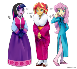 Size: 2000x1800 | Tagged: safe, artist:haden-2375, imported from derpibooru, fluttershy, sunset shimmer, twilight sparkle, equestria girls, cheongsam, chinese, clothes, hanbok, japanese, kimono (clothing), korean, misleading thumbnail, simple background, white background