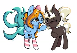 Size: 1858x1276 | Tagged: safe, artist:kindakismet, imported from derpibooru, oc, oc only, pony, unicorn, augmented tail, boop, clothes, commission, duo, ear piercing, female, mare, one eye closed, open mouth, piercing, simple background, smiling, socks, striped socks, tentacle tail, tentacles, white background, wink