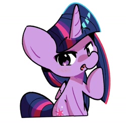 Size: 1300x1266 | Tagged: safe, artist:kindakismet, imported from derpibooru, twilight sparkle, alicorn, pony, female, looking at you, mare, open mouth, raised hoof, simple background, smiling, smiling at you, solo, twilight sparkle (alicorn), white background