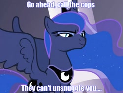 Size: 736x552 | Tagged: safe, edit, edited screencap, imported from derpibooru, screencap, princess luna, alicorn, pony, call the cops, caption, evil smirk, female, hape, hug, image macro, imminent hape, mare, meme, personal space invasion, smiling, smirk, solo, text, this will end in hape