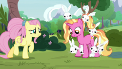 Size: 1920x1080 | Tagged: safe, imported from derpibooru, screencap, fluttershy, luster dawn, pegasus, pony, rabbit, unicorn, the last problem, animal, butt touch, female, mare, older, older fluttershy, tree