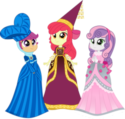 Size: 1280x1218 | Tagged: safe, artist:limedazzle, imported from derpibooru, apple bloom, scootaloo, sweetie belle, equestria girls, for whom the sweetie belle toils, adorabloom, clothes, costume, cute, cutealoo, cutie mark crusaders, diasweetes, dress, dressup, gown, hat, hennin, jewelry, looking at you, looking up, necklace, princess, princess apple bloom, school play, show accurate, simple background, transparent background, vector