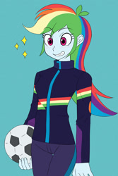 Size: 1442x2160 | Tagged: safe, artist:haibaratomoe, imported from derpibooru, rainbow dash, equestria girls, clothes, cute, dashabetes, football, grin, jacket, pants, smiling, soccer ball (object), solo