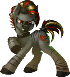 Size: 688x754 | Tagged: safe, artist:demondesigner, artist:firehearttheinferno, imported from derpibooru, oc, oc only, oc:bg, oc:bloody gash, oc:ruby, oc:ruby blood, hybrid, pony, zony, fallout equestria, black hooves, black mane, blaze (coat marking), choker, coat markings, collaboration, collar, colored muzzle, cutie mark, dagger, dirty, dust, ear piercing, earring, facial markings, fallout equestria oc, female, filly, gray coat, growling, highlights, hybrid oc, jewelry, mohawk, multicolored hair, part of a full image, piercing, red eyes, sharp teeth, simple background, solo, spiked collar, stripes, studded choker, teenager, teeth, transparent background, weapon, zony oc