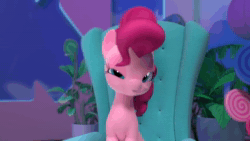 Size: 1920x1080 | Tagged: safe, imported from derpibooru, screencap, pinkie pie, earth pony, pony, hello pinkie pie, 3d, animated, chair, female, looking at you, mare, open mouth, sitting, solo, sound, webm