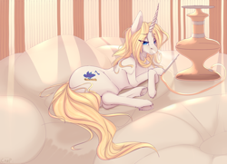 Size: 3600x2600 | Tagged: safe, artist:chapaevv, imported from derpibooru, oc, oc only, oc:blue haze, pony, saddle arabian, unicorn, blonde, commission, female, hookah, looking at you, lying down, mare, pillow, smoking, solo