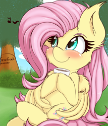 Size: 1721x2012 | Tagged: safe, artist:freefraq, imported from derpibooru, fluttershy, pegasus, pony, blushing, cheek fluff, chest fluff, cup, cute, drink, ear fluff, female, fluffy, folded wings, freefraq is trying to murder us, grass, holding, hoof fluff, hoof hold, hooves together, leg fluff, looking away, looking up, mare, music notes, outdoors, shoulder fluff, shyabetes, sitting, smiling, solo, three quarter view, tree, wing fluff, wings