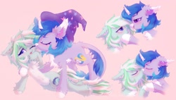 Size: 3471x1974 | Tagged: safe, artist:astralblues, imported from derpibooru, oc, oc:astral blues, oc:elemental balance, pony, unicorn, blushing, cheek kiss, chest fluff, couple, cute, ear fluff, eye, eyes, eyes closed, fluffy, hair, hat, holding hooves, kiss on the cheek, kissing, leg fluff, looking at each other, lying down, mane, pale belly, shy, tail, unshorn fetlocks, wizard hat