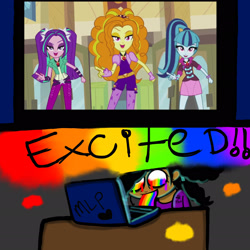 Size: 2048x2048 | Tagged: safe, artist:artmama113, edit, edited screencap, imported from derpibooru, screencap, adagio dazzle, aria blaze, sonata dusk, oc, human, equestria girls, rainbow rocks, clothes, computer, female, laptop computer, puking rainbows, skirt, the dazzlings, vomit, vomiting, wingding eyes