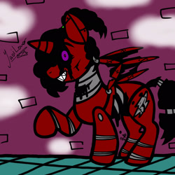 Size: 2048x2048 | Tagged: safe, artist:artmama113, imported from derpibooru, oc, oc only, oc:yaoilover, alicorn, bat pony, bat pony alicorn, pony, robot, robot pony, animatronic, bat pony oc, bat wings, female, five nights at freddy's, grin, horn, mare, raised hoof, signature, smiling, solo, wings