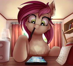 Size: 4000x3603 | Tagged: safe, artist:lightly-san, imported from derpibooru, roseluck, earth pony, pony, fanfic:fine print, cellphone, cheek fluff, ear fluff, facebook, female, instagram, iphone, itunes, mouth hold, phone, ponies with technology, smartphone, snapchat, solo, stylus, sweat