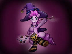 Size: 1280x960 | Tagged: safe, artist:bubucoy, imported from derpibooru, pinkie pie, earth pony, pony, 2019, candy, clothes, female, food, hat, hoof hold, magic wand, mare, pumpkin, smiling, socks, solo, striped socks, witch hat