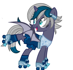 Size: 2189x2094 | Tagged: safe, artist:xfeatherflightx, imported from derpibooru, oc, oc only, oc:elizabat stormfeather, alicorn, bat pony, bat pony alicorn, pony, alicorn oc, bat pony oc, bat wings, clothes, commission, female, headband, horn, mare, open mouth, raised leg, roller skates, shorts, simple background, socks, solo, sports shorts, tanktop, white background, wings, ych result