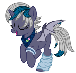 Size: 2189x2094 | Tagged: safe, artist:xfeatherflightx, imported from derpibooru, oc, oc only, oc:elizabat stormfeather, alicorn, bat pony, bat pony alicorn, pony, alicorn oc, bandana, bat pony oc, bat wings, bracelet, commission, eyes closed, female, horn, jewelry, leg warmers, mare, open mouth, raised hoof, raised leg, simple background, solo, white background, wings, wristband, ych result