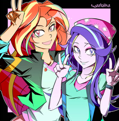 Size: 1600x1618 | Tagged: safe, artist:tyuubatu, imported from derpibooru, imported from ponybooru, starlight glimmer, sunset shimmer, equestria girls, beanie, clothes, double peace sign, duo, duo female, female, hat, looking at you, open mouth, peace sign, smiling