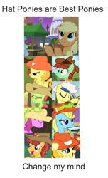 Size: 625x1030 | Tagged: safe, imported from derpibooru, applejack, berry punch, berryshine, blewgrass, candy apples, fiddlesticks, half baked apple, jonagold, marmalade jalapeno popette, peachy sweet, pitch perfect, apple family member, change my mind, cowboy hat, hat