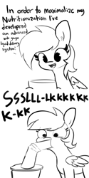 Size: 1728x3456 | Tagged: safe, artist:tjpones, imported from derpibooru, rainbow dash, pegasus, pony, 2 panel comic, black and white, chris chan, comic, dialogue, drink, drinking, drinking straw, female, giant food, grayscale, lineart, mare, monochrome, rainbow dork, shrunken pupils, silly, simple background, slurp, solo, straw, straw of fail, succ, white background