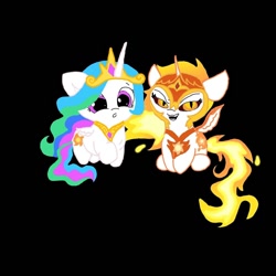 Size: 1000x1000 | Tagged: safe, artist:rxndxm.artist, artist:sverre93, imported from derpibooru, daybreaker, princess celestia, alicorn, pony, black background, chibi, duality, female, jewelry, mane of fire, mare, peytral, simple background, sitting, tiara