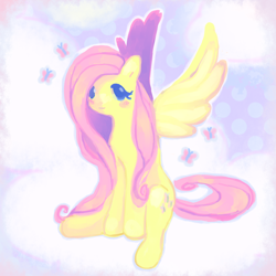Size: 1300x1300 | Tagged: safe, artist:poniit0, artist:pxunii, imported from derpibooru, fluttershy, butterfly, pegasus, pony, blushing, cloud, cute, female, looking at you, mare, on a cloud, shyabetes, sitting, solo, spread wings, wings