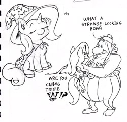 Size: 1280x1232 | Tagged: safe, artist:lost marbles, imported from derpibooru, trixie, pony, cape, clothes, dialogue, hat, obelix, traditional art, trixie's cape, trixie's hat