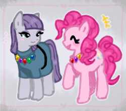 Size: 1164x1023 | Tagged: safe, artist:poniit0, artist:pxunii, imported from derpibooru, maud pie, pinkie pie, earth pony, pony, blush sticker, blushing, cute, duo, eyes closed, female, happy, mare, pie sisters, rock candy, rock candy necklace, siblings, sisters, smiling, when she smiles