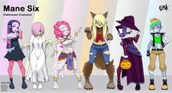 Size: 4168x2272 | Tagged: safe, artist:oldskullkid, imported from derpibooru, part of a set, applejack, fluttershy, pinkie pie, rainbow dash, rarity, sci-twi, twilight sparkle, ghost, undead, vampire, werewolf, equestria girls, alternate hairstyle, belly button, boots, breasts, candy, choker, cleavage, clothes, corset, costume, dress, egyptian, female, food, frankenstein's monster, hair over one eye, halloween, halloween costume, hand on hip, hat, holiday, humane five, humane six, legs, line-up, lollipop, midriff, mouth hold, mummy, open mouth, pumpkin, sadako, samara morgan, shoes, short hair, solo, the ring, witch, witch hat