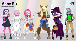 Size: 4168x2272 | Tagged: safe, alternate version, artist:oldskullkid, imported from derpibooru, part of a set, applejack, fluttershy, pinkie pie, rainbow dash, rarity, sci-twi, twilight sparkle, ghost, human, undead, vampire, werewolf, equestria girls, alternate hairstyle, belly button, boots, breasts, candy, choker, cleavage, clothes, corset, costume, dress, egyptian, female, food, frankenstein's monster, hair over one eye, halloween, halloween costume, hand on hip, hat, holiday, humane five, humane six, humanized, legs, line-up, lollipop, midriff, mouth hold, mummy, open mouth, pumpkin, sadako, samara morgan, shoes, short hair, solo, the ring, witch, witch hat