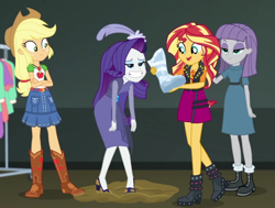 Size: 846x638 | Tagged: safe, artist:thedarkpony, edit, edited screencap, imported from derpibooru, screencap, applejack, maud pie, rarity, sunset shimmer, equestria girls, equestria girls series, rarity investigates: the case of the bedazzled boot, clothes, cropped, geode of empathy, geode of super strength, magical geodes, mud, mud edit, muddy shoes, rarity investigates (eqg): applejack, shoes