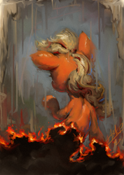 Size: 765x1080 | Tagged: safe, artist:assasinmonkey, imported from derpibooru, applejack, earth pony, pony, burning, digital painting, face not visible, facing away, offscreen character, solo