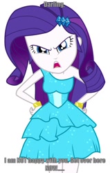 Size: 651x1024 | Tagged: safe, imported from derpibooru, rarity, equestria girls, angry, caption, darling, fall formal outfits, female, frown, imminent punishment, impending doom, looking at you, meme, rarity is not amused, simple background, text, uh oh, unamused, white background