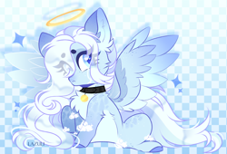 Size: 4920x3350 | Tagged: safe, artist:lazuli, artist:mint-light, imported from derpibooru, oc, oc only, pegasus, pony, chest fluff, collar, colored hooves, commission, eye clipping through hair, eyelashes, halo, pegasus oc, signature, sitting, solo, wings, ych result
