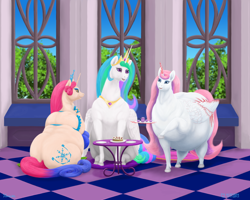 Size: 1500x1200 | Tagged: safe, artist:soobel, imported from derpibooru, princess amore, princess celestia, oc, oc:hiashi, alicorn, pony, unicorn, alicorn oc, belly, cake, chubbylestia, fat, food, horn, morbidly obese, obese, tea, wings