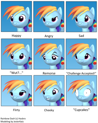 Size: 954x1200 | Tagged: safe, artist:jesterkatz, imported from derpibooru, rainbow dash, pegasus, pony, fanfic:cupcakes, 3d, angry, blender, cheeky, confused, determined look, happy, sad, solo, teary eyes, terror
