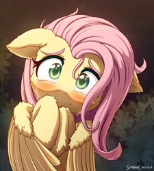 Size: 3686x4096 | Tagged: safe, artist:symbianl, imported from derpibooru, fluttershy, pegasus, pony, :c, blushing, bust, cheek fluff, crying, cute, ear fluff, female, floppy ears, fluffy, frown, full face view, hoof fluff, hooves to the chest, leg fluff, looking at you, mare, sad, sadorable, shyabetes, solo, stray strand, teary eyes, wavy mouth, wing fluff, wings, wrong eye color