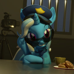 Size: 3840x3840 | Tagged: safe, artist:xppp1n, trixie, pony, unicorn, art pack:ponies on patrol, 3d, blender, blender cycles, camera, clothes, cup, donut, female, food, glasses, hat, jail cell, looking at you, mare, police officer, police uniform, smiling, solo, uniform