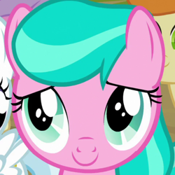 Size: 768x768 | Tagged: safe, screencap, aquamarine, cotton cloudy, gallop j. fry, pinkie feather, earth pony, pegasus, pony, twilight time, female, filly, head, picture of heads, smiling