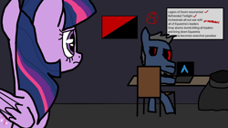 Size: 1680x943 | Tagged: safe, artist:manerg, derpibooru exclusive, imported from derpibooru, twilight sparkle, oc, oc:manerg, alicorn, earth pony, anarchism, anarchist, arch linux, cloak, clothes, computer, female, laptop computer, male, mare, stallion