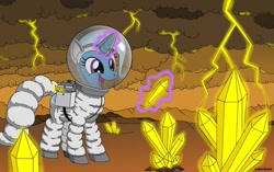 Size: 1024x643 | Tagged: safe, artist:joko-zuno, imported from derpibooru, trixie, pony, unicorn, astronaut, bag, crystal, female, gem, gemstones, glowing horn, horn, levitation, lightning, magic, magic aura, mare, open mouth, saddle bag, smiling, space, spacesuit, telekinesis, venus