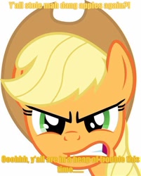 Size: 474x589 | Tagged: safe, imported from derpibooru, applejack, earth pony, pony, angry, bust, caption, close-up, frown, looking at you, meme, text