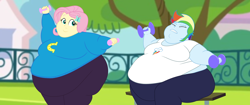 Size: 2560x1080 | Tagged: safe, artist:neongothic, imported from derpibooru, fluttershy, rainbow dash, equestria girls, bbw, belly, big belly, bingo wings, breasts, double chin, fat, fat boobs, fattershy, morbidly obese, obese, rainblob dash, ssbbw, sweat, thighs, thunder thighs, tubby wubby pony waifu, weight gain