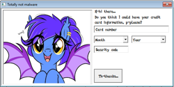 Size: 602x302 | Tagged: safe, artist:emberslament, imported from derpibooru, oc, oc only, oc:evening lily, bat, bat pony, pony, application, bat pony oc, bat wings, c++, computer virus, credit card, cute, ear piercing, fangs, female, it's a trap, looking at you, malware, microsoft, microsoft windows, onomatopoeia, piercing, ponytail, programming, scam, seems legit, skree, smiling, solo, totally not malware, virus, winapi, windows, wings