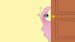 Size: 4073x2291 | Tagged: safe, artist:evehly, edit, editor:band sickle, editor:bandwidth, imported from derpibooru, fluttershy, bat pony, pony, bat ponified, cute, door, door knob, doorknob, ear fluff, ear tufts, emanata, female, flutterbat, head tilt, high res, looking at you, mare, modern art, peeking, race swap, shy, shyabates, shyabetes, simple background, slit eyes, slit pupils, solo, wallpaper, wallpaper edit, white background, wrong eye color