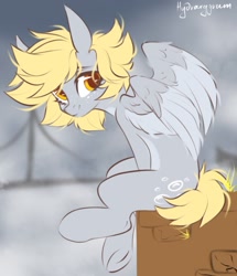 Size: 1297x1509 | Tagged: dead source, safe, artist:hydrargyrum, imported from derpibooru, derpy hooves, pegasus, pony, alternate hairstyle, cute, derpabetes, explicit source, female, freckles, looking at you, mare, pale belly, sitting, smiling, smiling at you, solo, spread wings, two toned wings, underhoof, wings