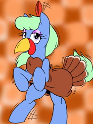 Size: 960x1280 | Tagged: safe, artist:dashingjack, imported from derpibooru, oc, oc:brainstorm, bird, turkey, bipedal, clothes, crossdressing, dress, eyeshadow, feather, makeup, turkey costume