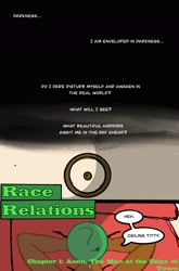 Size: 2062x3131 | Tagged: safe, artist:datzigga, imported from derpibooru, oc, oc:anon, human, comic:race relations, comic, dark skin, dialogue, title page