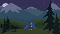 Size: 1280x720 | Tagged: safe, artist:boneswolbach, artist:chrzanek97, edit, editor:jaredking203, imported from derpibooru, vector edit, princess luna, alicorn, pony, female, jewelry, mare, mountain, mountain range, night, regalia, solo, tree, vector