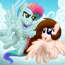 Size: 2048x2048 | Tagged: safe, artist:whitequartztheartist, imported from derpibooru, oc, oc:breanna, oc:rainbow blitz, pegasus, pony, magical lesbian spawn, offspring, parent:fluttershy, parent:rainbow dash, parents:flutterdash, request, sky background