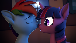 Size: 3840x2160 | Tagged: safe, artist:psfmer, imported from derpibooru, rainbow dash, twilight sparkle, alicorn, pegasus, pony, 3d, eyes closed, female, kiss, kissing, lesbian, moon, nose kiss, revamped ponies, sfm pony, shipping, source filmmaker, surprised, twidash, twilight sparkle (alicorn), wide eyes