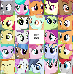 Size: 1405x1425 | Tagged: safe, edit, edited screencap, editor:jaredking203, imported from derpibooru, screencap, apple bloom, aquamarine, aura (character), boysenberry, button mash, carrot crunch, chipcutter, coconut cream, cucumber seed, first base, gallop j. fry, kettle corn, lily longsocks, mocha berry, peach fuzz, scootaloo, shady daze, skeedaddle, super funk, sweetie belle, tender taps, toola roola, train tracks (character), tulip swirl, earth pony, pegasus, pony, unicorn, aura (g4), bingo, colt, female, filly, male, train tracks (g4)