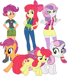 Size: 2417x2706 | Tagged: safe, artist:gmaplay, imported from derpibooru, apple bloom, scootaloo, sweetie belle, earth pony, pegasus, pony, unicorn, equestria girls, growing up is hard to do, bow, cutie mark, cutie mark crusaders, female, looking down, older, older apple bloom, older cmc, older scootaloo, older sweetie belle, open mouth, self paradox, self ponidox, simple background, teeth, the cmc's cutie marks, transparent background, trio, trio female, vector